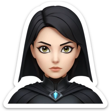 dark sci-fi villain female portrait, head and shoulders only, black armor, cape collar, intense eyes, sharp confident expression, subtle futuristic makeup, dramatic lighting, 3D cartoon, mobile game icon style, clean background, no text, no watermark
 sticker