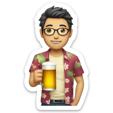 Japanese wearing roundglasses alohashirt is holding beer sticker