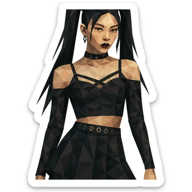 K-pop inspired gothic girl, polygonal style, geometric shapes, dark color palette, stylish stage outfit sticker