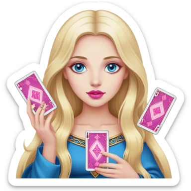 A realistic blonde with long hair and blue eyes and pink lips holds tarot cards in her hands sticker
