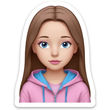 Create a TEENAGE girl with LONG and straight light brunette hair with a middle part, light skin, light freckles, and blue-gray eyes. She will have pink lips and LONG eyelashes. She will be wearing a light pink zip-up hoodie that is off her shoulder. sticker