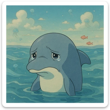 sad dolphin, ghibli style sticker