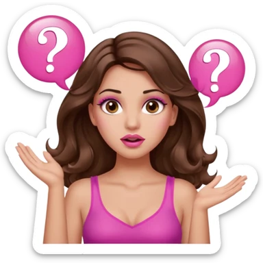 girl with long wavy brown hair, brown eyes, long lashes makeup, sexy pink lips, light to medium complexion, pink sexy top, two hands up, shrugging, confused question mark bubble sign sticker