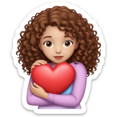 girl with brown curly hair hug heart sticker