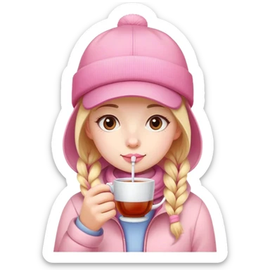 A girl in a pink cap drinks tea from a straw in winter sticker