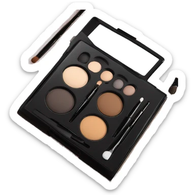 “Four smooth neutral eyeshadow shades in a sleek black case, paired with a mirror and applicators, perfect for a polished look.”  sticker