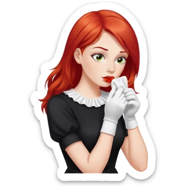 a woman with red hair and red eyes sniffing a white sock. The woman wear a black  dress sticker