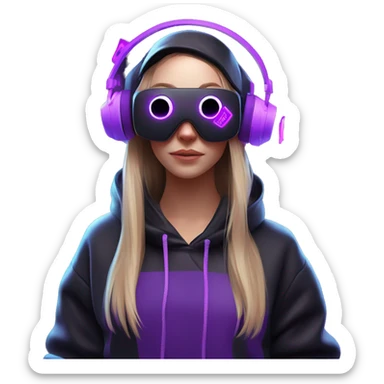 Russian girl wearing black hoody with violet letters "OMG", in vr headset oculus quest2. Dancing. Cyberpunk style. Violet neon. sticker