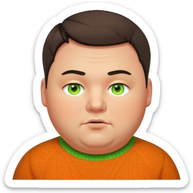 emoji of a chubby man in his 30s, short hair, dark yellow-orange woolen sweater, glowing neon green eyes sticker