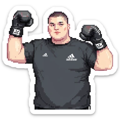 white man with dark hair, dark eyes, buzzcut faded haircut, overweight 100kg boxer, chubby face, stocky build, wearing full black clothes, black adidas boxing gloves, victory pose with arms raised, upper body only no legs visible, highly pixelated sticker
