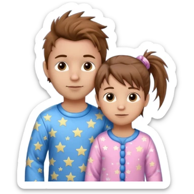 4 year old brown spikey haired boy with blue pajamas with stars on them and a 1 year old brown haired pony tail girl with pink pajamas, and stars on them with light skin sticker