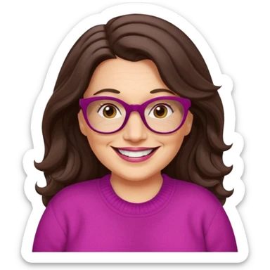 50 yr Caucasian woman, long dark brown hair parted on side, brown eyes, brown glasses, big smile, white teeth, fuscia sweater, chubby, wavy hair sticker