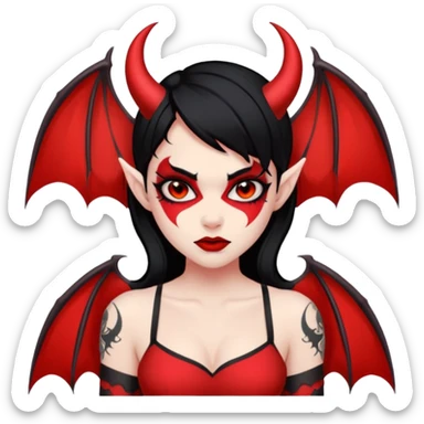 Demon girl: red skin, black hair, small horns, bat wing; tattoo-flash comic style; red/black palette; bold outlines; dark background; no text. sticker