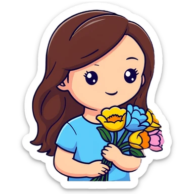 Cool girl with long brown hair and fair skin holding a bouquet of flowers sticker