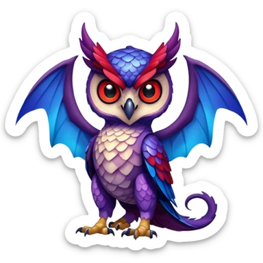 Owl dragon hybrid front facing full body dark purple and blue and red sticker