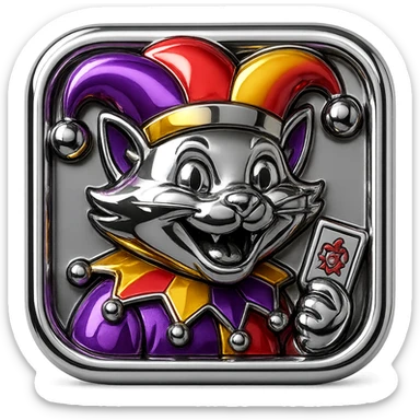 crazy colorful cute little cat jolly joker from poker, medieval, vintage, court jester, mac os icon, purple, gold and red color, half body. Squared shape as 3D mac os icon sticker