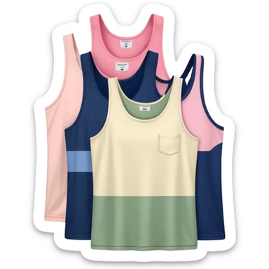 Multiple tank tops, one cream one cream one sage green one navy blue one pink sticker