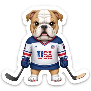 Bulldog wearing USA hockey jersey sticker