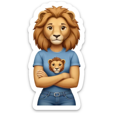 female anthropomorphised lion character standing confidently with arms folded wearing jeans and a t-shirt sticker