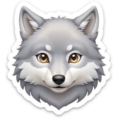 Cinematic Cute Wolf Portrait Emoji, Head tilted playfully and inquisitively, featuring a lustrous grey and white Fur with a wild, natural sheen, round, sparkling eyes filled with curious mischief, Simplified yet irresistibly adorable features, highly detailed, glowing with a warm, friendly glow, high shine, affectionate yet spirited, stylized with a touch of wilderness whimsy, bright and endearing, soft glowing outline, capturing the essence of a mischievous yet loving wolf, so playful it feels like it could bound out of the screen and into your arms! sticker