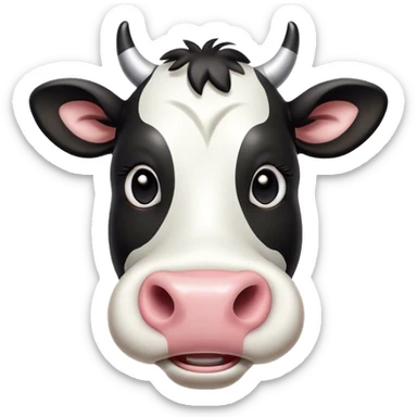 Cinematic Comical Black and White Cow Portrait Emoji, Head tilted dramatically with an exaggeratedly amused expression, featuring a striking, glossy coat of bold black and white, wide, expressive brown eyes filled with playful disbelief, Simplified yet hilariously expressive features, highly detailed, glowing with a slightly sassy glow, high shine, dramatic yet playful, stylized with an air of cheeky mischief, bright and endearing, soft glowing outline, capturing the essence of a spirited and over-the-top cow, so meme-worthy it feels like it could moo its way into internet fame instantly! sticker