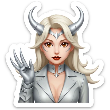 visually stunning image of an extremely detailed devil woman in a skin tight suit of light colored leather and intricate silver devil horns sticker