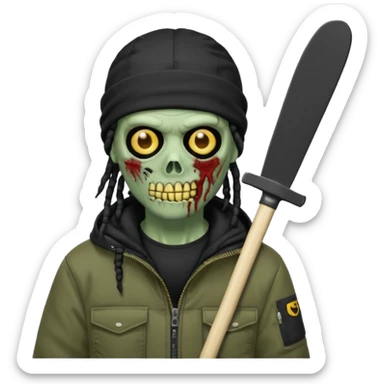 a zombie emoji with black dreads and a black carheartt jacket and black nike ski mask on his head sticker