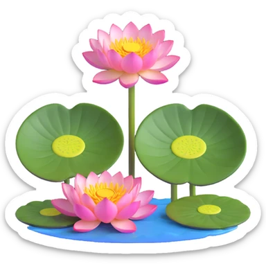 Elegant lotus flower with pink petals, yellow center and circular green lotus pad in water sticker