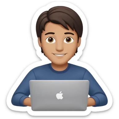 A man in his mid 20s, middle part average dude with slightly droopy eyes, happy, using a MacBook (no logo), hero for an iOS developers website sticker
