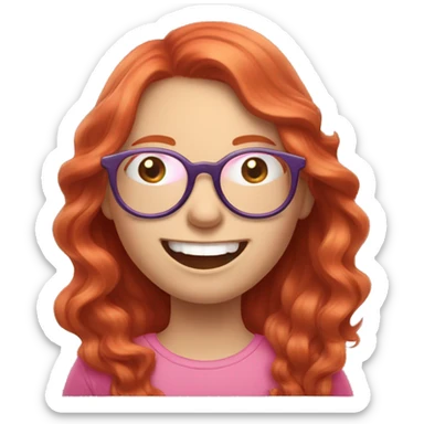Pale, Long Wavy haired red head, girl with pink circular glasses glasses laughing and pointinf sticker