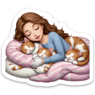 girl with long wavy brown hair, brown eyes, long lashes makeup, sexy pink lips, light to medium complexion,  sleeping on a cozy pillow, with 6 cats: 1 brown and white tabby cat, 1 ginger and white, 2 grey and white, 1 grey has white mittens and small white patch on its chest and 1 calico, sleeping sticker