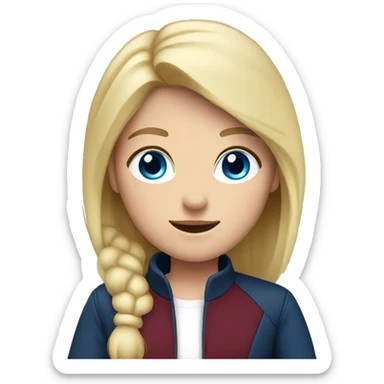 An adult girl, blue eyes, straight blond hair, dark blue jacket, burgundy shirt. sticker