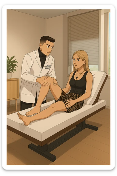 fai un webtoon/manga a colori con questo kinesiologo in camice bianco (fagli la scritta "ANTONIO ANANIA" SUL CAMICE) CHE SVOLGE UN TEST NEUROMUSCOLARE SOLLEVANDO UNA GAMBA ALLA RAGAZZA CHE è STESA SU UN LETTINO BIANCO. STANZA SEMPLICE E MODERNA, DURANTE IL TEST I DUE DIALOGANO TRA LORO. NON FARE I FUMETTI, FAI SOLO LORO COME SE DIALOGASSERO sticker