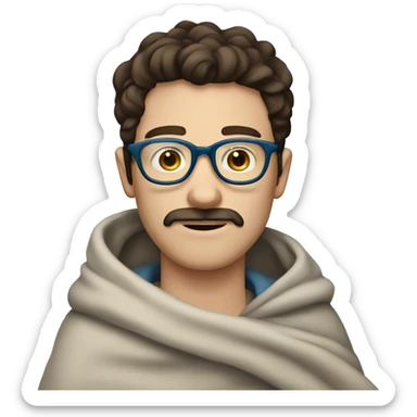 Pale Guy, dark brown hair, moustache and stubble, blue eyes, round glasses, covered in blanket sticker