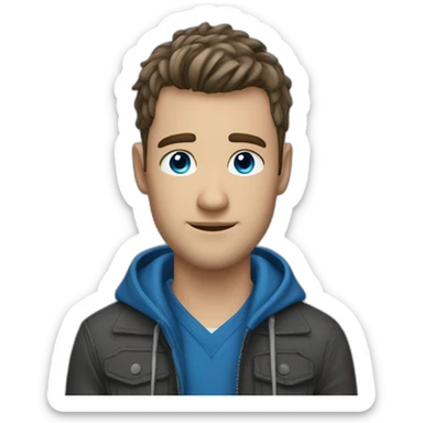 realistic guy he has bangs that go to the right, he has these long bangs that reach his shoulders, he has blue eyes and a blue jacket sticker