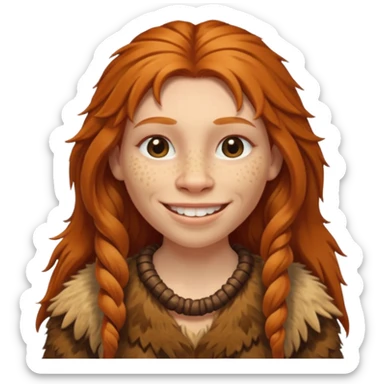 smiling Neanderthal woman with long ginger hair and animal skin clothing sticker
