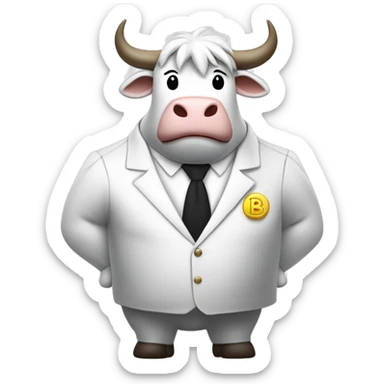 When the coin with the word Booms is turned, a white bull with a white mane and a white suit with the word Booms is standing with arms crossed. sticker