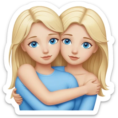Cinematic realistic two sisters with blonde hair and blue eyes hug sticker