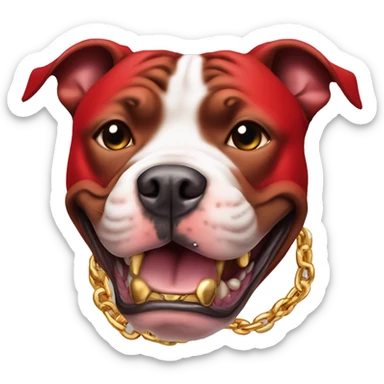 A pit bull dog in red colour with gold chain with danger teeth sticker
