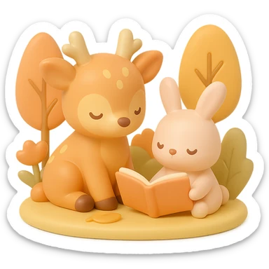 cute deer and bunny reading together in a soft autumn forest scene, vinyl figure style sticker