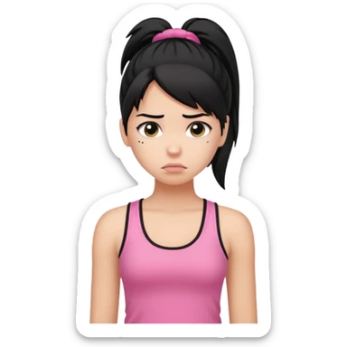A tan girl with black hair in a ponytail. Wearing a pink tank top. Looking sad sticker