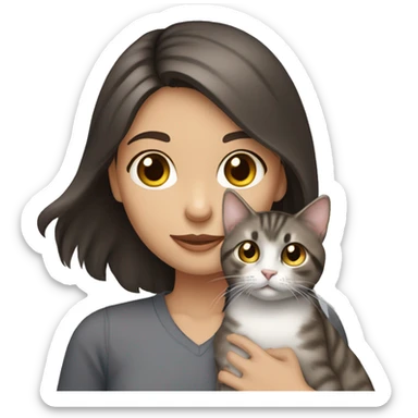 Dark brown haired girl with hazel eyes holding gray tabby cat sticker