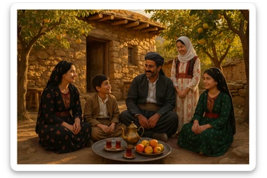 کوردی rural village scene, Kurdish family gathering outside, tea set, fruit trees, traditional clothes, rustic setting, warm sunset sticker
