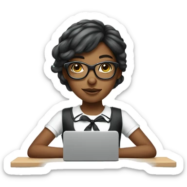 girl with bow and glasses typing on computer sticker