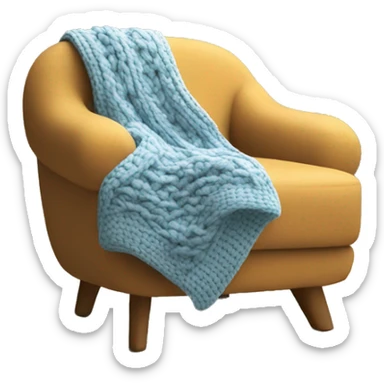 Design an inviting emoji of a chunky knit blanket folded on a comfy chair, with a cup of coffee nearby, evoking a cozy home setting. sticker