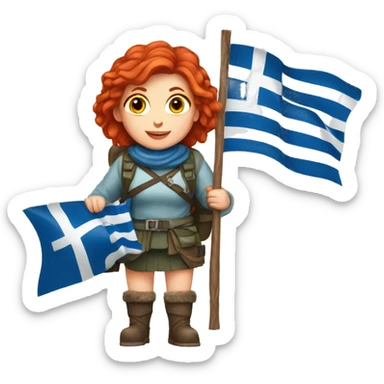 red hair female winter mountaineer offering Easter eggs and Greek flag sticker