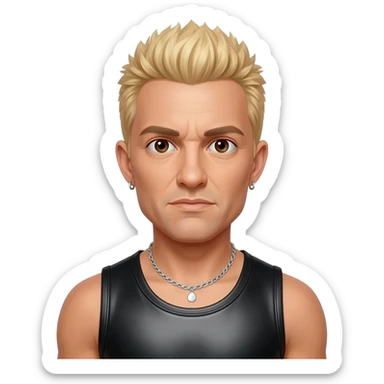 Chester Bennington with dark brown eyes, blonde hair, black metallic tank top, silver necklace sticker