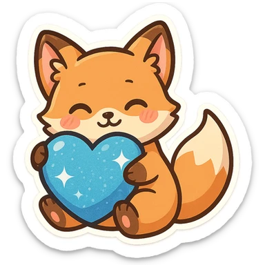 a fox embracing a sparkling blue heart, adorable and eye-catching sticker