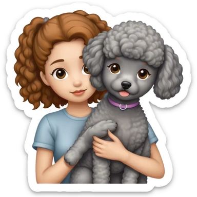 A girl with caramel brown ponytail holding a grey poodle sticker