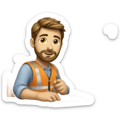 white boy with brown hair and beard working his engineering job at a desk sticker